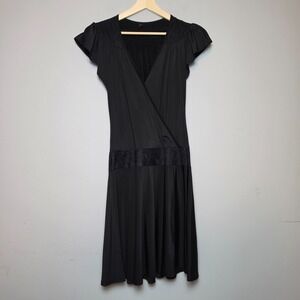RK Lace Trim Drop Waist Surplice Wrap Dress Black Medium Short Sleeve V-Neck LBD